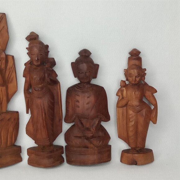 Vintage Wooden Figurine Set Of 6 Hand Carved Wood Chinese Deities 1970s - Picture 4 of 7